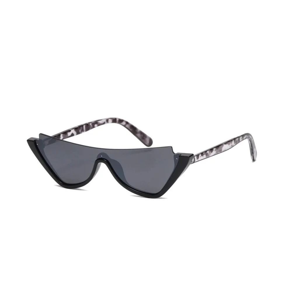Black Geometric Cat Eye Shield Sunglasses UV400 Grey Marble Arms Futuristic 2026